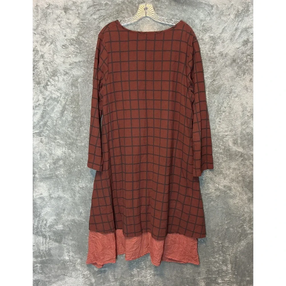 Womens Grid Plaid Midi Dress XL* Lagenlook Layered Artsy Mori Kei Earthy Neutral
